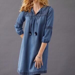 J Jill Denim Embroidered Chambray Boho Dress Tassel Tencel Small